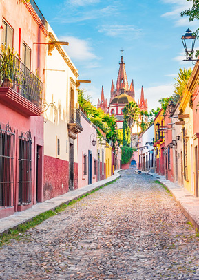 Beautiful streets and colorful facades of San Miguel de Allende in Guanajuato, Mexico