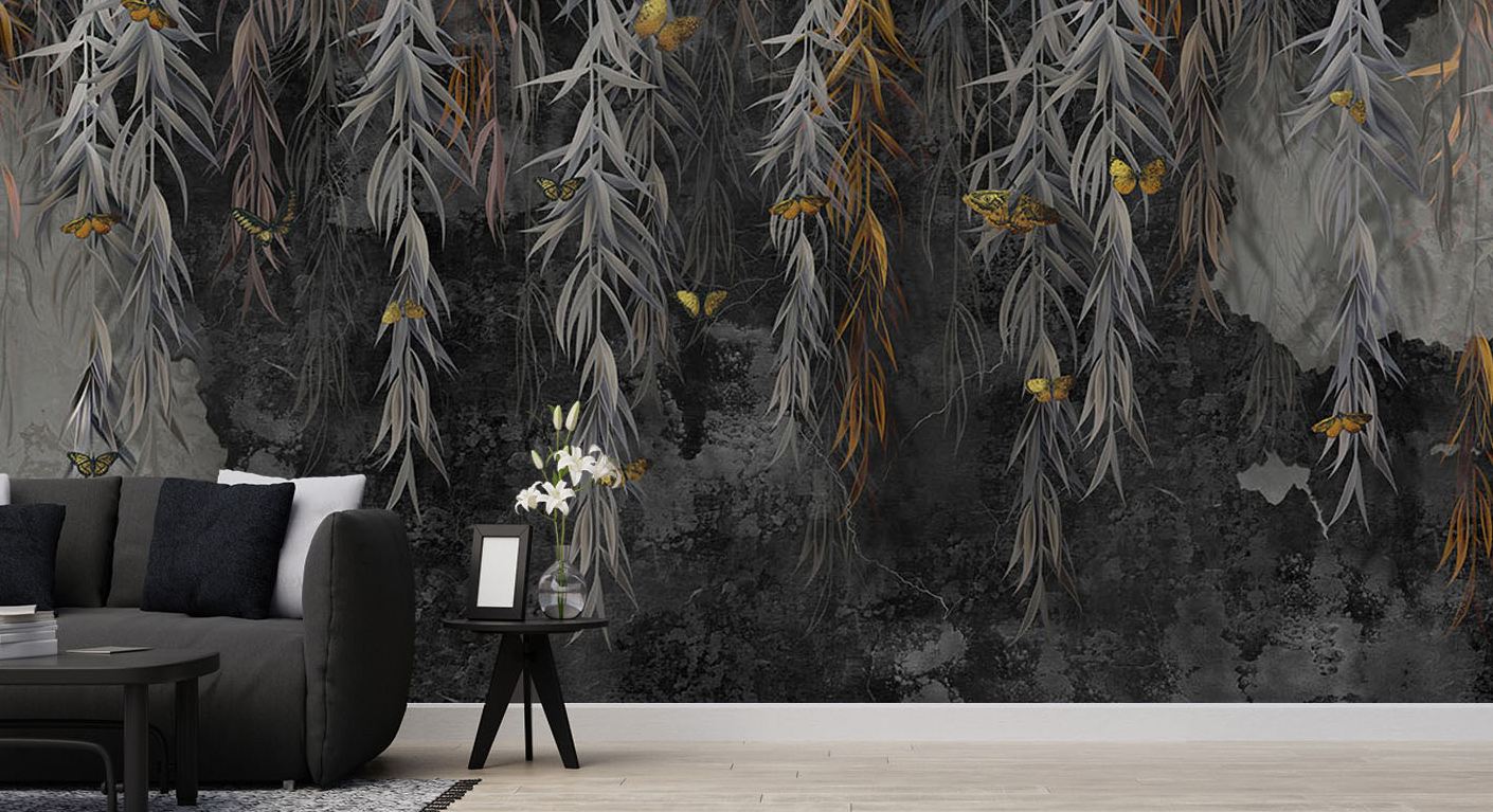 black grunge wallpaper design with butterflies and leaves