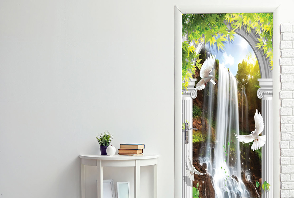 Room design interior with closed door, Waterfall, white doves, Greek columns arch, wallpaper