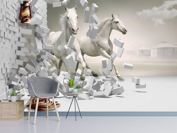 3D Illustration of White Horse coming out from broken bricks - 3d wallpaper