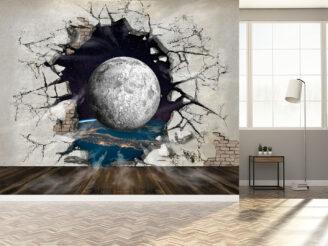 Hole in the wall, out into space. Photo wallpaper for the walls. 3D rendering.