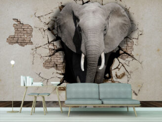 Elephant coming out of the walls. Wallpapers for walls. 3D rendering.