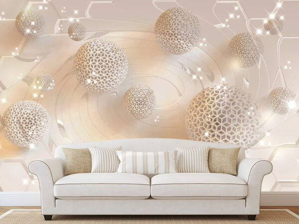 3d illustration, light beige background, mesh balls, sparkles