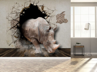 Poster for the walls. A rhino breaks through a wall and runs into a room. 3D rendering.