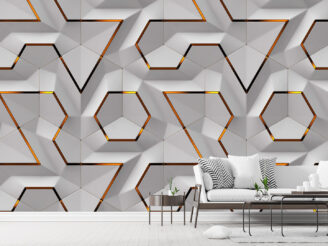 3D white panels with red gold decor elements. Shaded geometric modules. High quality seamless design texture