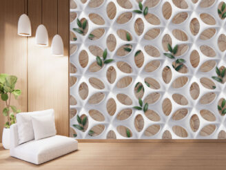 Empty wooden wall design and mini sofa japanese style. 3D rendering