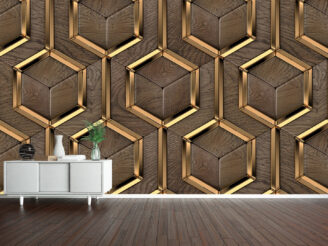 Luxury 3D tiles made of solid precious wood elements and gold metal decor elements. High quality seamless realistic pattern.