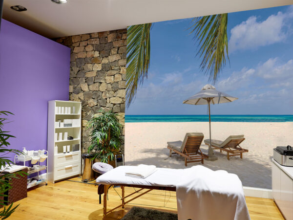 Sunny beach palm tree wallpaper design sunbeds