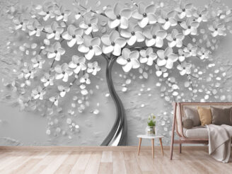 3d picture Wallpaper Background of a gray tree with white flowers