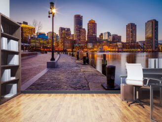 The architecture of Boston in Massachusetts, USA at night with its mix of contemporary and historic buildings at Boston Harbor and Financial District.