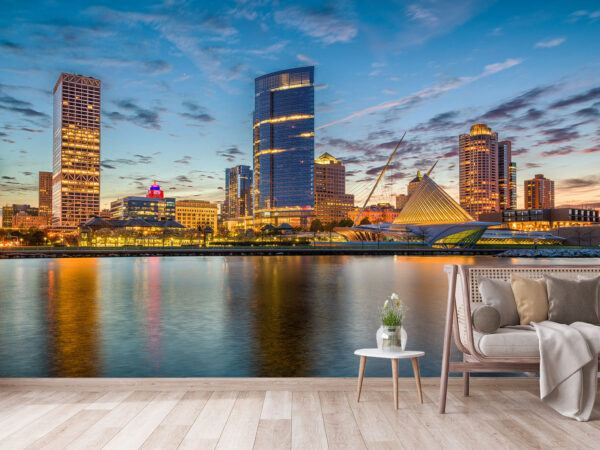 Milwaukee, Wisconsin, USA downtown city skyline on Lake Michigan at twilight.