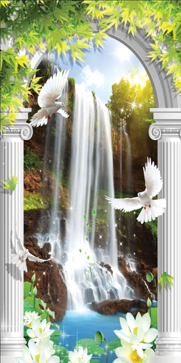 Waterfall, white doves, Greek columns arch, wallpaper