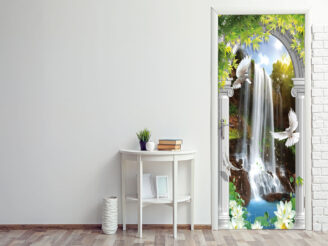 Room design interior with closed door, Waterfall, white doves, Greek columns arch, wallpaper