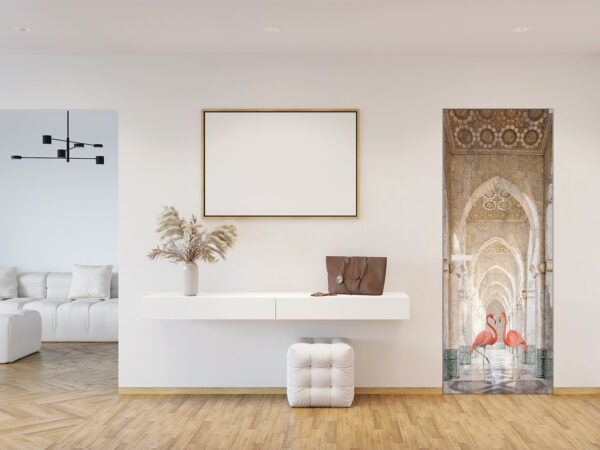 A white entrance hallway with a blank horizontal poster above a cabinet with the pampas grass in a vase, a pouf on a parquet floor, two doors, a doorway to the living room with a white sofa. 3d render, 3d wallpaper design with flamingo in colum tunnel