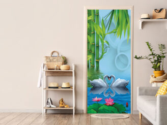 Stand with female accessories, sofa and houseplant in hallway. wallpaper, swans, pond, bamboo