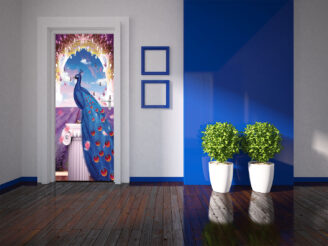 Peacock fantasy, Greek pillar, butterflies, sky, purple lavender field, wallpaper empty blue room with white door