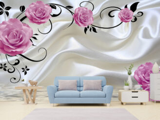 Fabric wallpaper with pink roses.