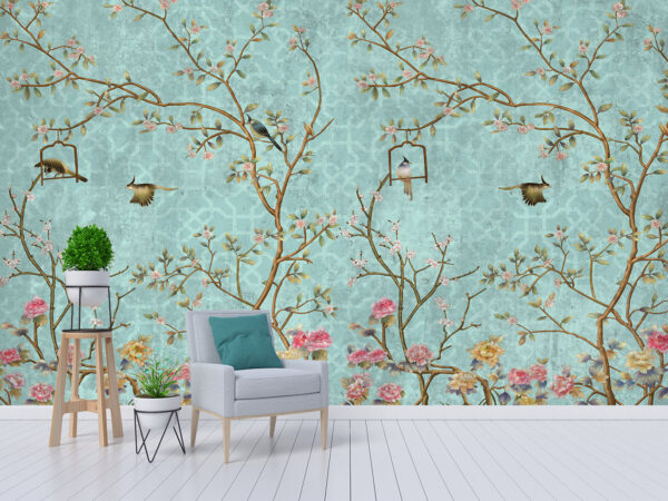 3d wallpaper design with little flowers and birds for photomural