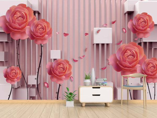 3d wallpaper design with 3d cubes and roses for photomural