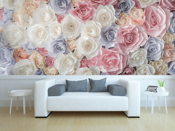 Backdrop of colorful paper roses background in a wedding reception with soft colors.