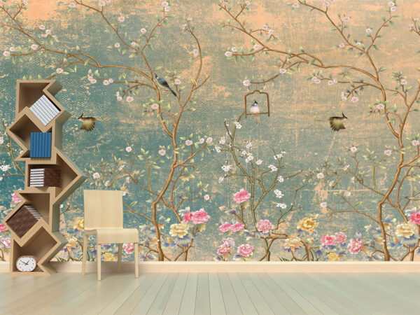 3d wallpaper design with vintage florals on grunge wall for photomural