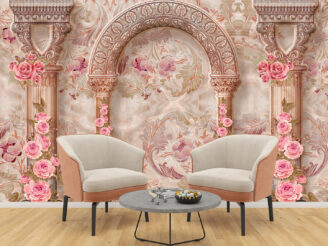 Pink flowers, arches and pillars, wallpaper design