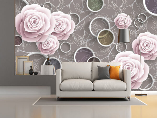 3d background illustration of flowers, white rings- 3d wallpaper