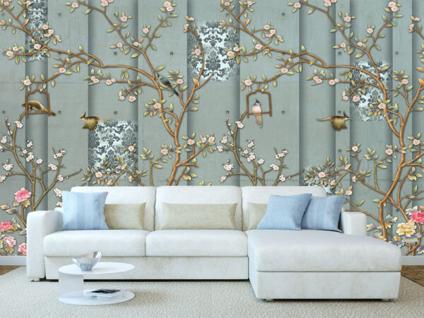 3d wallpaper design with vintage florals on concrete wall for photomural