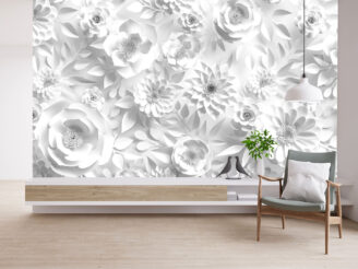 3d render, abstract wedding background with white paper flowers and leaves, floral botanical wallpaper