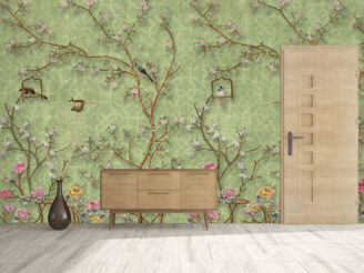 3d wallpaper design with english country style branches and flowers and birds for mural print