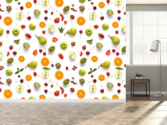 Food texture. Seamless pattern of fresh various fruits. Pears, apples, slices of tangerines, kiwi, berries isolated on white background, top view, flat layout.