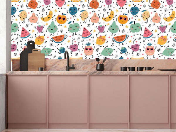 Fruit with faces, cartoon, food wallpaper design mockup