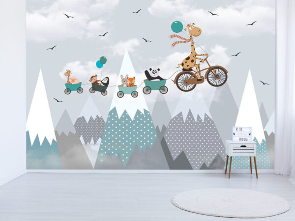 children's picture animals fly through the sky against the background of mountains Wallpaper