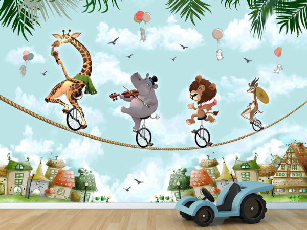 animals on unicycles kids wallpaper design