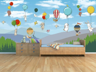 Animals in the sky. Planes and balloons in the sky. room interior mockup