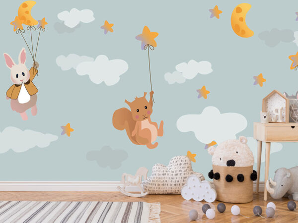 Stylish scandinavian newborn baby room with toys, children's chair, natural basket with teddy bear and small shelf. Modern interior with grey background walls, wooden parquet and stars pattern.