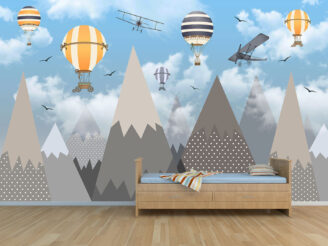 Mountains and balloons kids wallpaper design