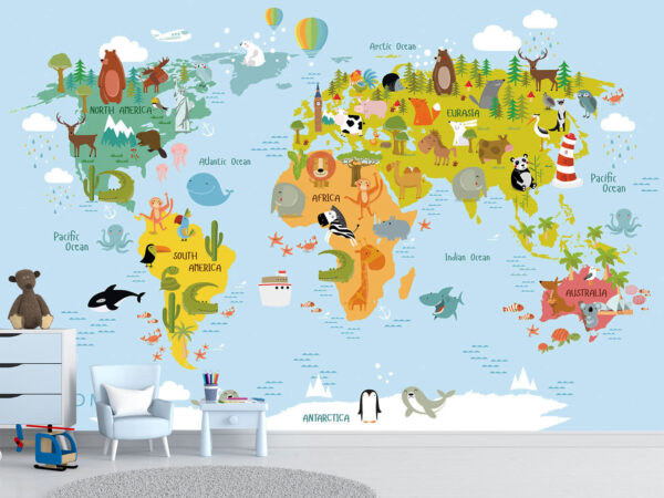 Animals world map for kids wallpaper design