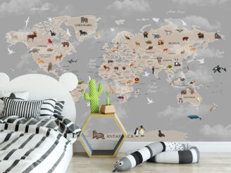 Animals world map for kids wallpaper design, kids room