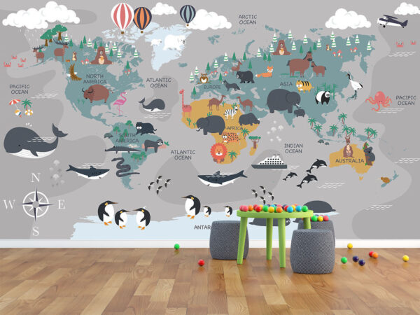 Animals kids map wallpaper design, kids room render