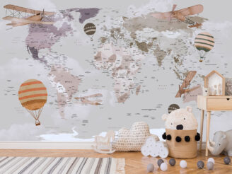 Stylish scandinavian newborn baby room with toys, children's chair, natural basket with teddy bear and small shelf. Modern interior with grey background walls, wooden parquet and stars pattern.