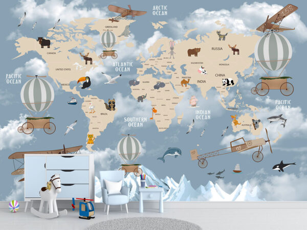 Animals world map for kids wallpaper design, kids room