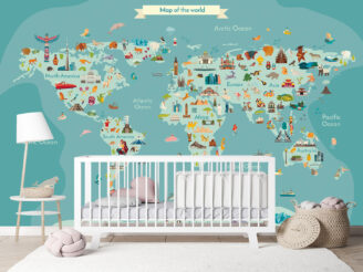 Animal map for kid. World vector poster for children, cute illustrated. Preschool cartoon globe with animals. Oceans and continent: South America,Eurasia,North America,Africa, Australia.Baby world map, baby room, crib