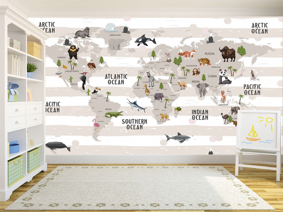 Animals world map for kids wallpaper design, kids room