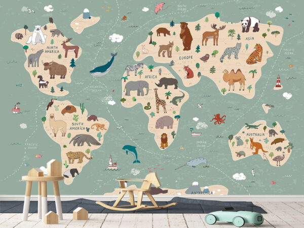 Vintage kids world map with animal, wallpaper, mural, kids room