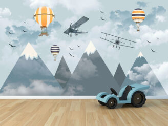 picture for children with mountains, balloons and airplanes background Wallpaper