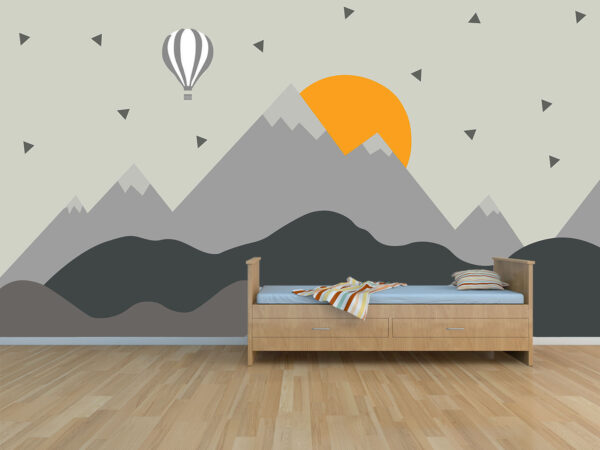 Colored mountains and balloons kids room wallpaper design