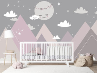 Mock Up empty frames In farmhouse Interior Background in baby room with poster frame, nursery mockup, Scandinavian Style, 3D render, 3D illustration. Kids wallpaper, moon sleeping over mountains