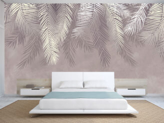 Light bedroom, white bed with wallpaper, leaves,