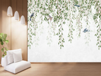 Willow branches hanging from above with birds on a white background. Wallpaper, murals and wall paintings for interior printing.